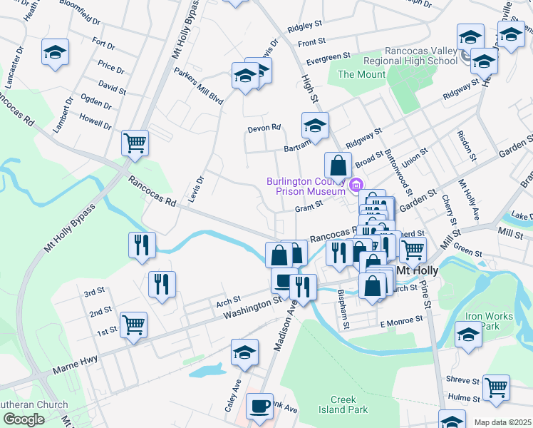map of restaurants, bars, coffee shops, grocery stores, and more near 138 Grant Street in Mount Holly