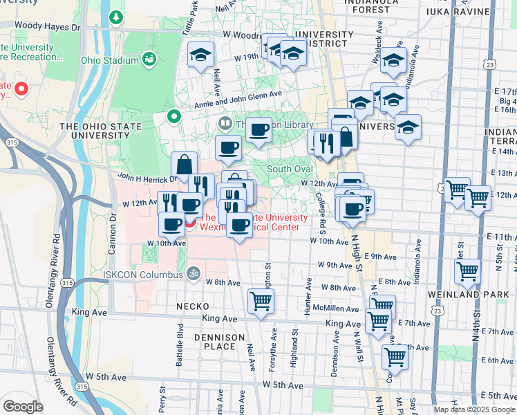 map of restaurants, bars, coffee shops, grocery stores, and more near 196 West 11th Avenue in Columbus