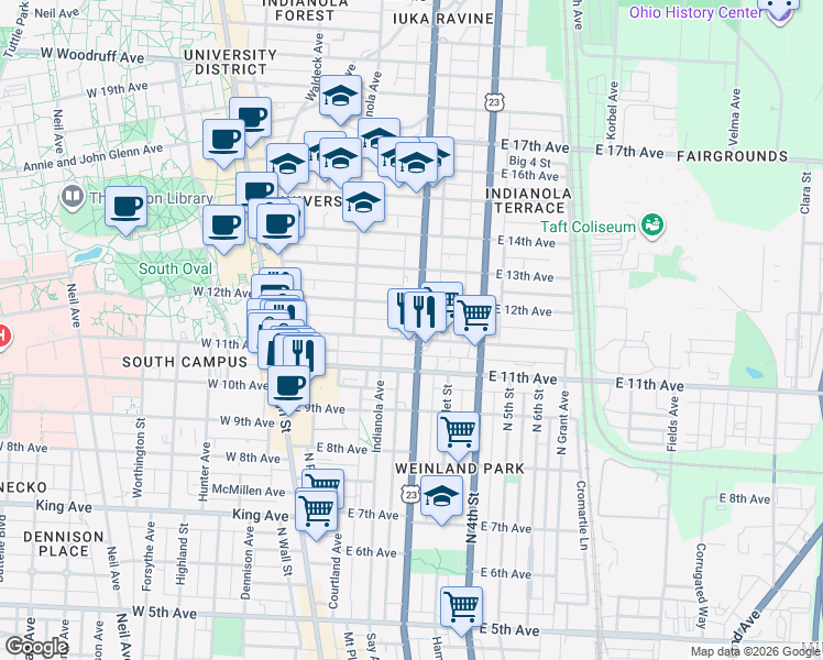 map of restaurants, bars, coffee shops, grocery stores, and more near 166 Chittenden Avenue in Columbus