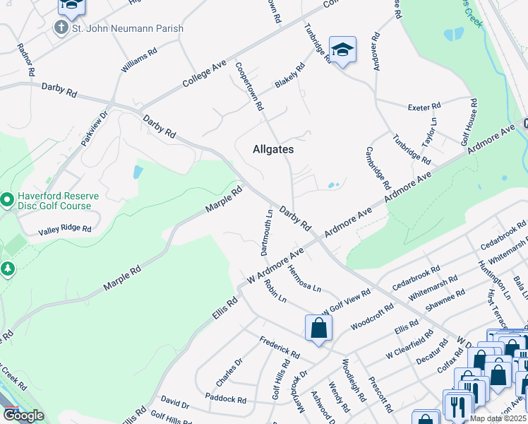 map of restaurants, bars, coffee shops, grocery stores, and more near 30 Dartmouth Lane in Haverford