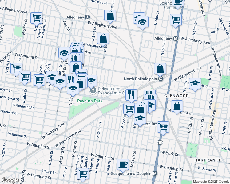 map of restaurants, bars, coffee shops, grocery stores, and more near 2725 North Gratz Street in Philadelphia