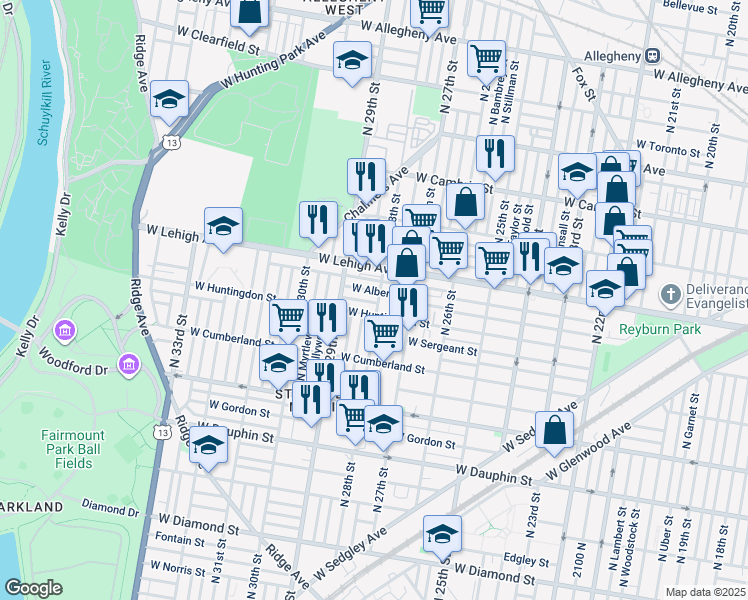 map of restaurants, bars, coffee shops, grocery stores, and more near 2616 North 28th Street in Philadelphia