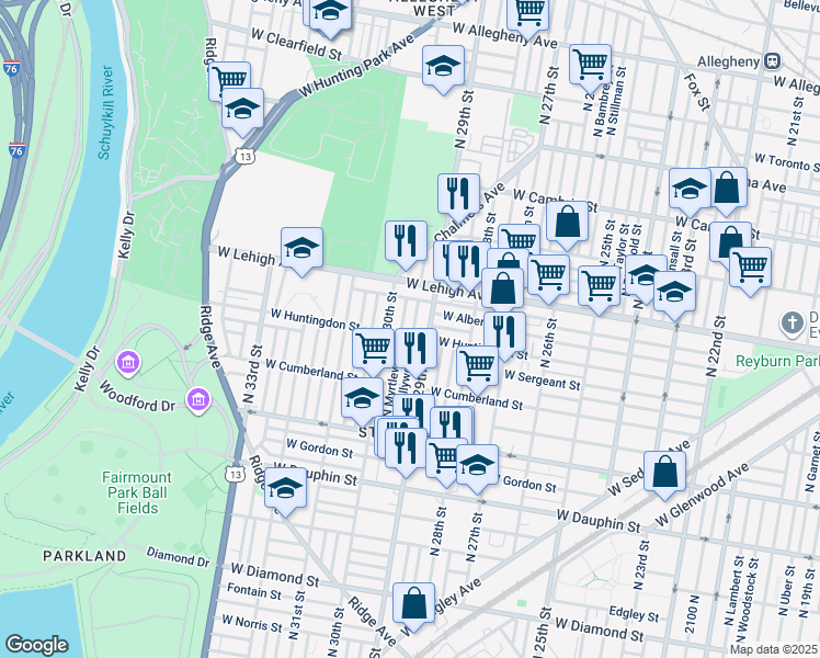 map of restaurants, bars, coffee shops, grocery stores, and more near 2608 North Hollywood Street in Philadelphia