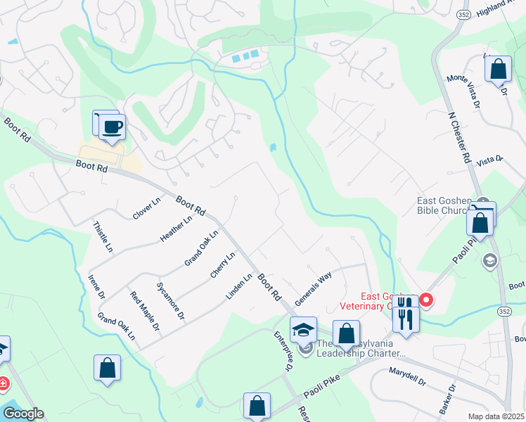 map of restaurants, bars, coffee shops, grocery stores, and more near 1513 Meadowbrook Lane in West Chester