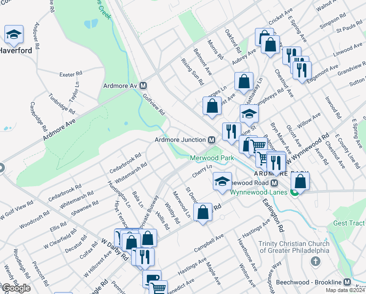 map of restaurants, bars, coffee shops, grocery stores, and more near 2712 Pine Valley Lane in Ardmore