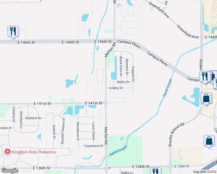 map of restaurants, bars, coffee shops, grocery stores, and more near 14242 Marilyn Road in Noblesville