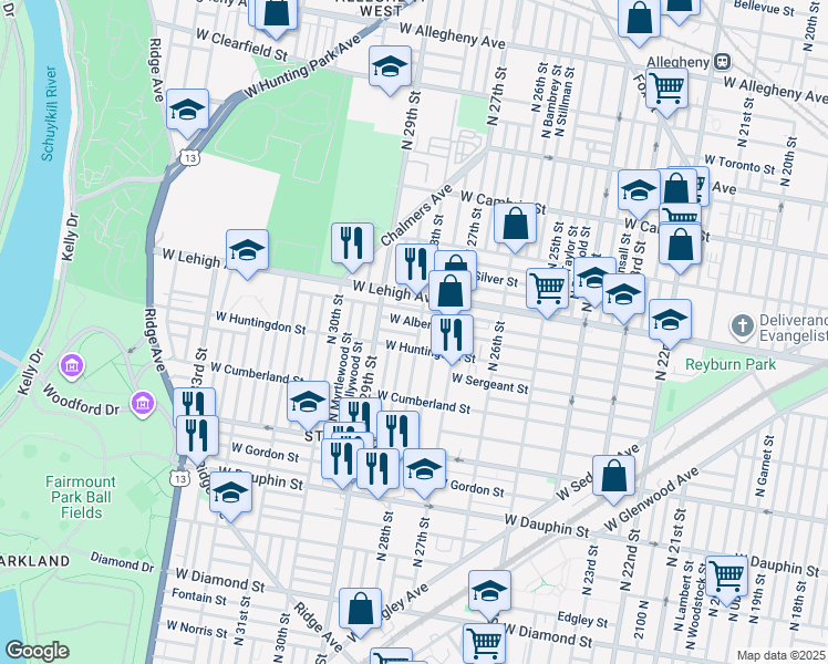 map of restaurants, bars, coffee shops, grocery stores, and more near 2616 North 28th Street in Philadelphia