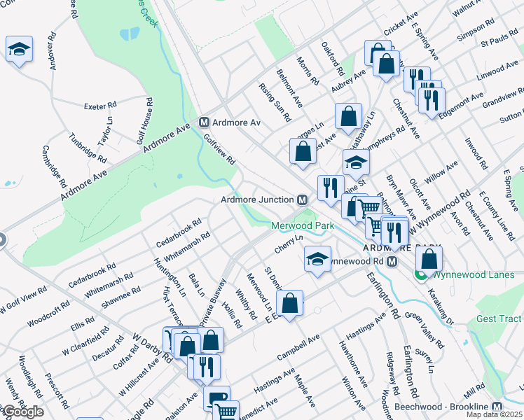 map of restaurants, bars, coffee shops, grocery stores, and more near 2712 Pine Valley Lane in Ardmore