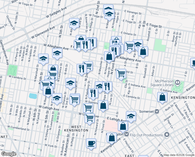 map of restaurants, bars, coffee shops, grocery stores, and more near 3000 North Mascher Street in Philadelphia