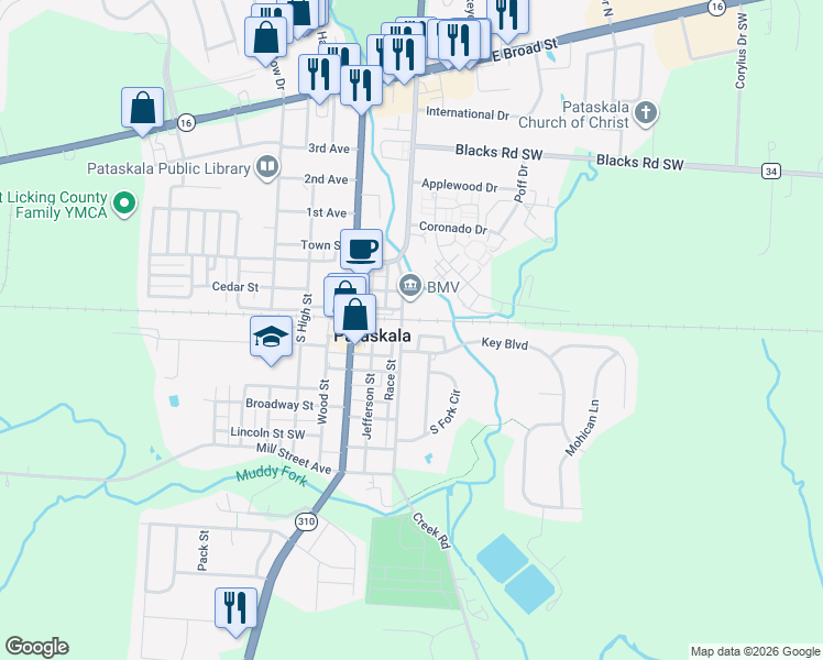 map of restaurants, bars, coffee shops, grocery stores, and more near 386 South Township Road in Pataskala