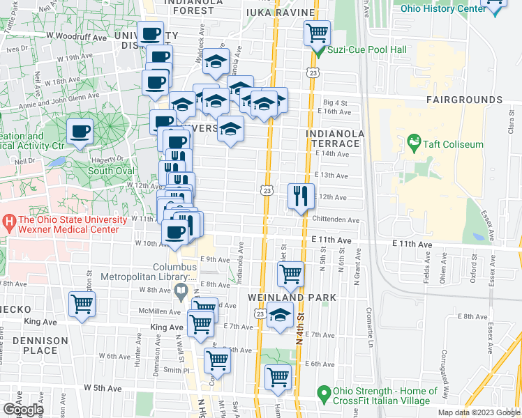 map of restaurants, bars, coffee shops, grocery stores, and more near 1611 Summit Street in Columbus