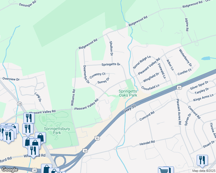 map of restaurants, bars, coffee shops, grocery stores, and more near 3625 Pleasant Valley Road in York