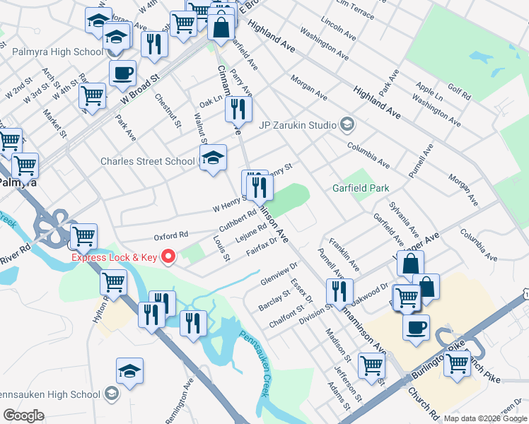map of restaurants, bars, coffee shops, grocery stores, and more near 1100 Cinnaminson Avenue in Cinnaminson