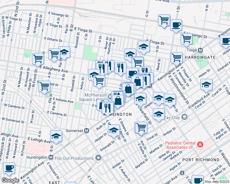 map of restaurants, bars, coffee shops, grocery stores, and more near 646 East Clementine Street in Philadelphia