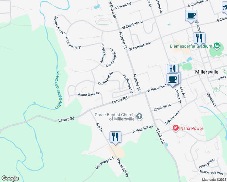 map of restaurants, bars, coffee shops, grocery stores, and more near 167 Cartledge Lane in Millersville