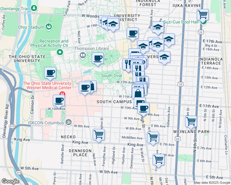 map of restaurants, bars, coffee shops, grocery stores, and more near 110 West 11th Avenue in Columbus