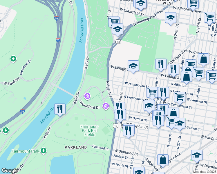 map of restaurants, bars, coffee shops, grocery stores, and more near 3421 Ridge Avenue in Philadelphia