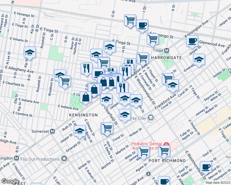 map of restaurants, bars, coffee shops, grocery stores, and more near 1811 East Wishart Street in Philadelphia
