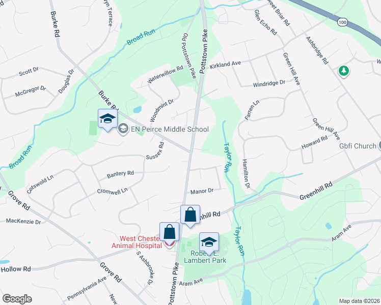 map of restaurants, bars, coffee shops, grocery stores, and more near 1284 Historic Route 100 in West Chester