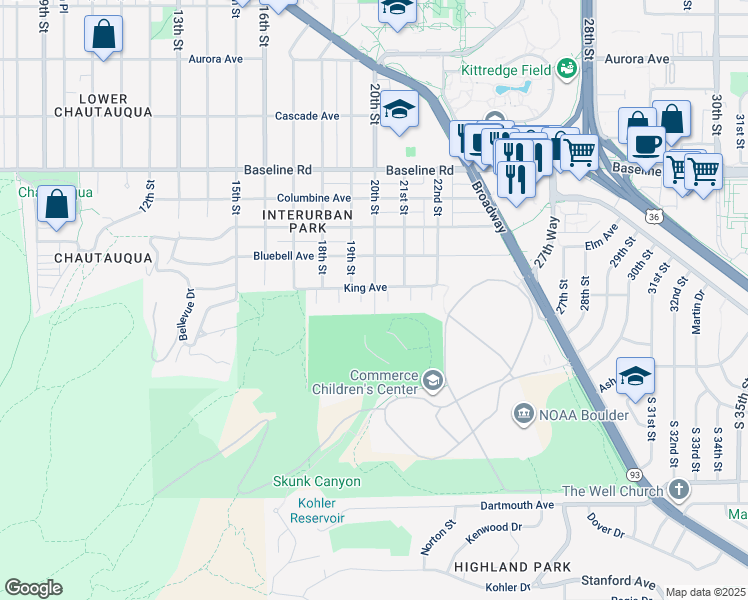 map of restaurants, bars, coffee shops, grocery stores, and more near 1900 King Avenue in Boulder