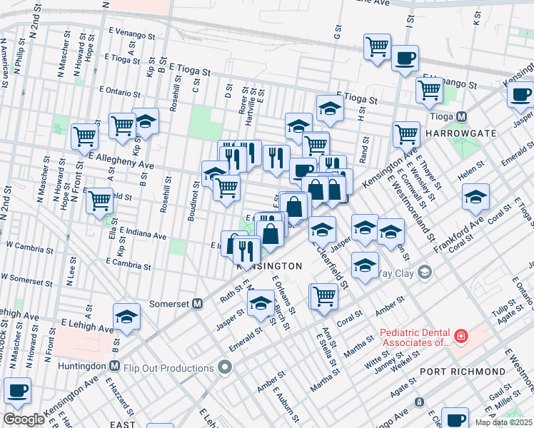 map of restaurants, bars, coffee shops, grocery stores, and more near 641 East Clementine Street in Philadelphia