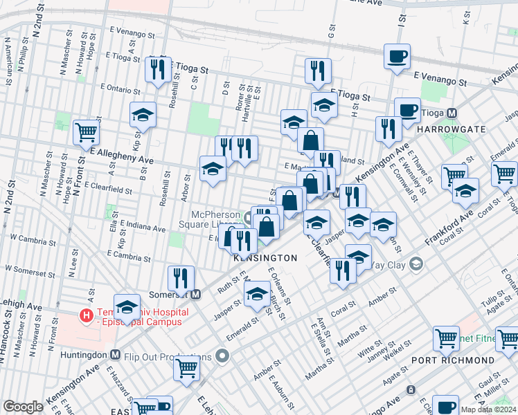 map of restaurants, bars, coffee shops, grocery stores, and more near 644 East Clementine Street in Philadelphia