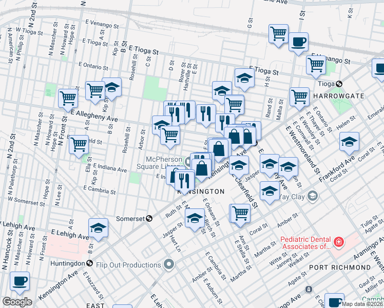 map of restaurants, bars, coffee shops, grocery stores, and more near 641 East Clementine Street in Philadelphia