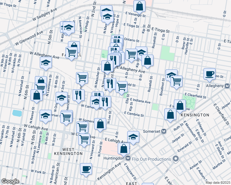 map of restaurants, bars, coffee shops, grocery stores, and more near 3018 North Water Street in Philadelphia