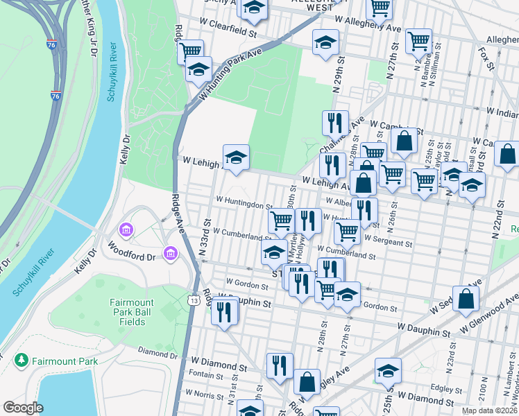 map of restaurants, bars, coffee shops, grocery stores, and more near 3125 West Huntingdon Street in Philadelphia
