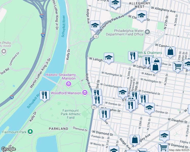map of restaurants, bars, coffee shops, grocery stores, and more near 3313 West Sergeant Street in Philadelphia