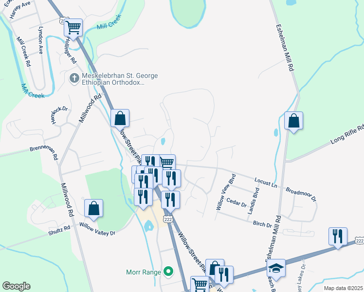 map of restaurants, bars, coffee shops, grocery stores, and more near 211 Willow Valley Square in Lancaster