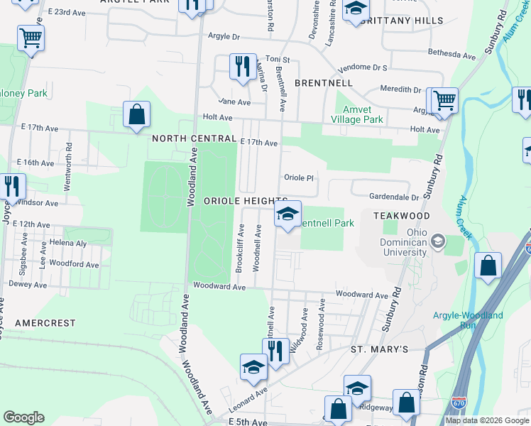 map of restaurants, bars, coffee shops, grocery stores, and more near 2092 Penrose Drive in Columbus