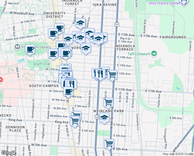 map of restaurants, bars, coffee shops, grocery stores, and more near 166 Chittenden Avenue in Columbus