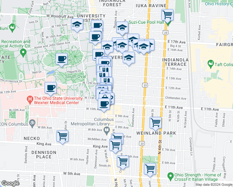 map of restaurants, bars, coffee shops, grocery stores, and more near 60 Chittenden Avenue in Columbus