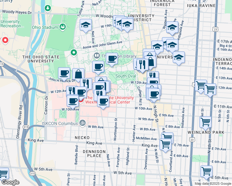 map of restaurants, bars, coffee shops, grocery stores, and more near 196 West 11th Avenue in Columbus