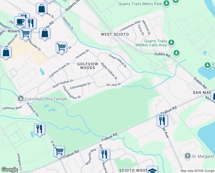 map of restaurants, bars, coffee shops, grocery stores, and more near 2080 En-Joie Court in Columbus