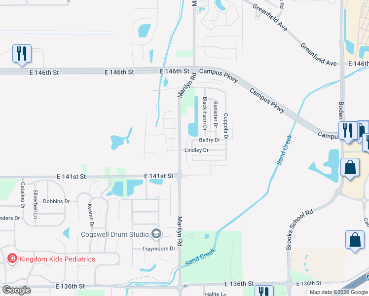 map of restaurants, bars, coffee shops, grocery stores, and more near 14226 Marilyn Road in Noblesville