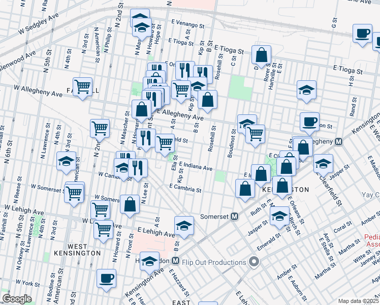 map of restaurants, bars, coffee shops, grocery stores, and more near 3026 B Street in Philadelphia