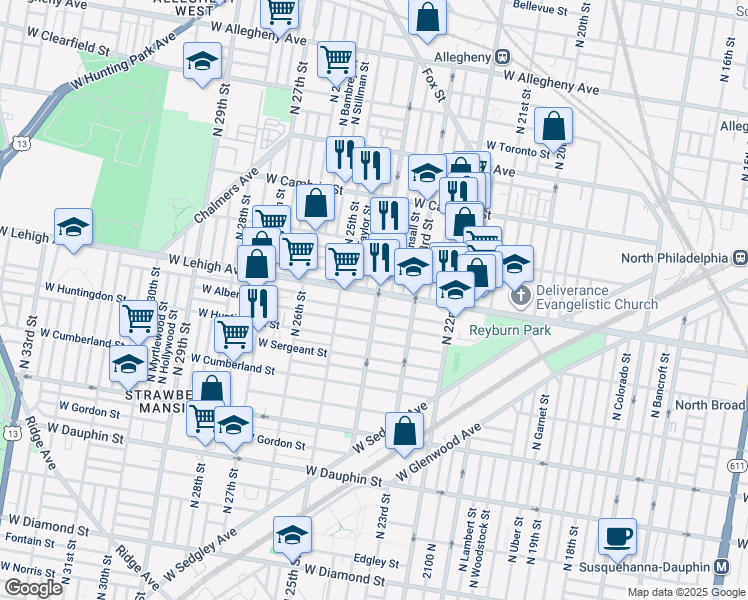 map of restaurants, bars, coffee shops, grocery stores, and more near 2400 West Lehigh Avenue in Philadelphia