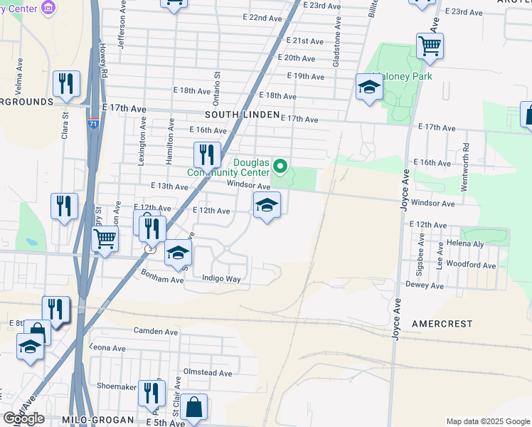 map of restaurants, bars, coffee shops, grocery stores, and more near 1219 East 12th Avenue in Columbus