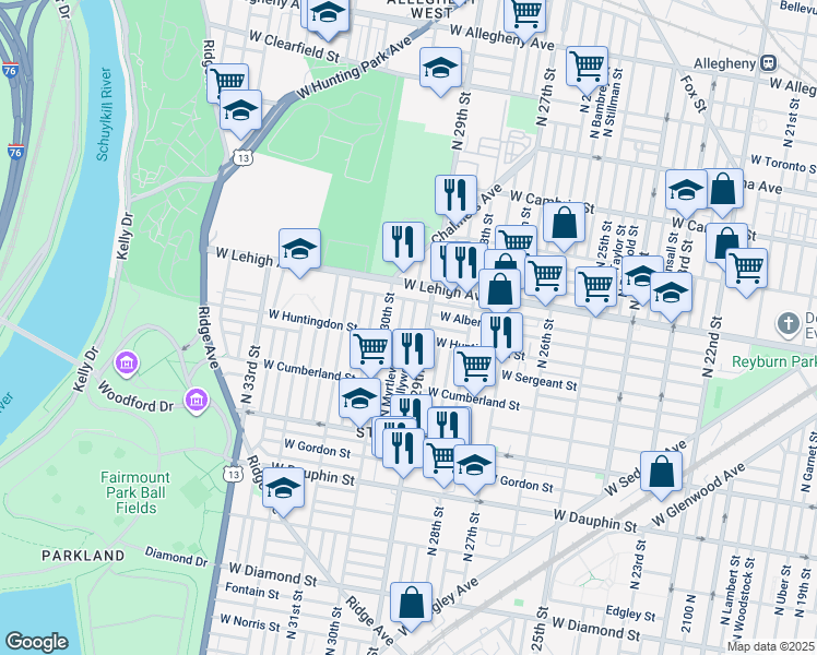 map of restaurants, bars, coffee shops, grocery stores, and more near 2608 North Hollywood Street in Philadelphia