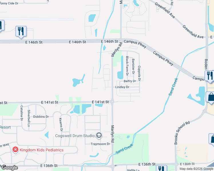 map of restaurants, bars, coffee shops, grocery stores, and more near 14242 Marilyn Road in Noblesville