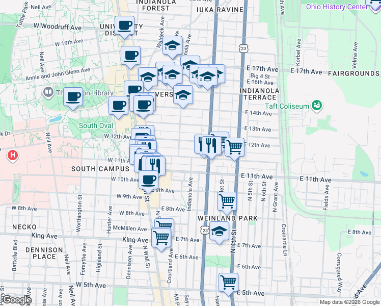 map of restaurants, bars, coffee shops, grocery stores, and more near 152 Chittenden Avenue in Columbus