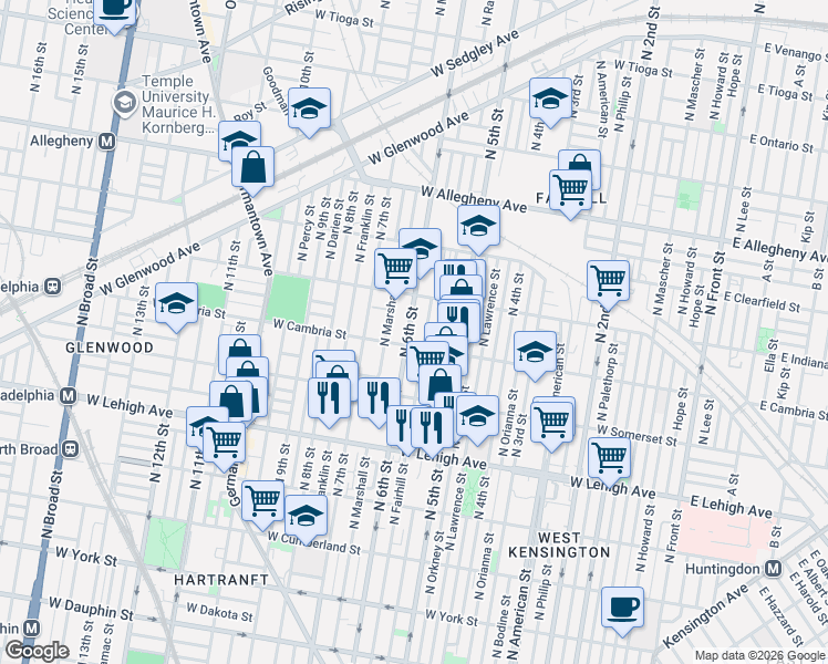 map of restaurants, bars, coffee shops, grocery stores, and more near 2927 North 6th Street in Philadelphia