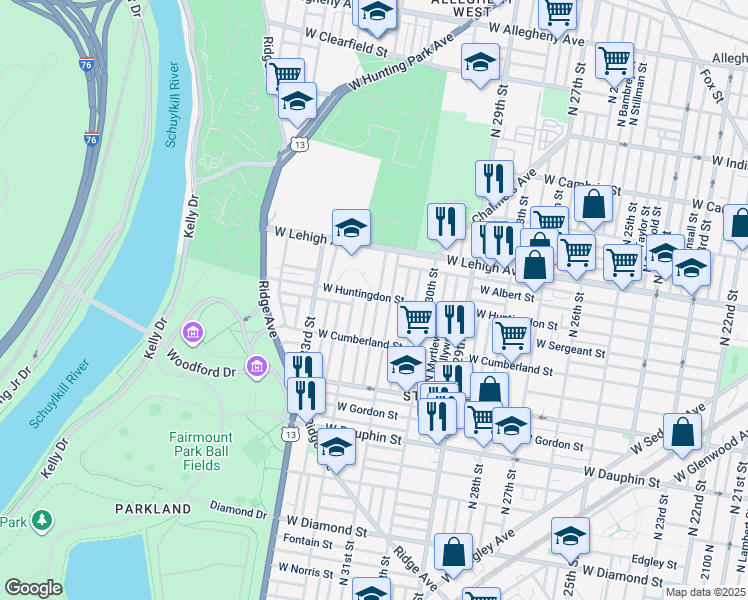 map of restaurants, bars, coffee shops, grocery stores, and more near 2568 North Napa Street in Philadelphia