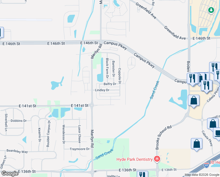 map of restaurants, bars, coffee shops, grocery stores, and more near 12190 Lindley Drive in Noblesville