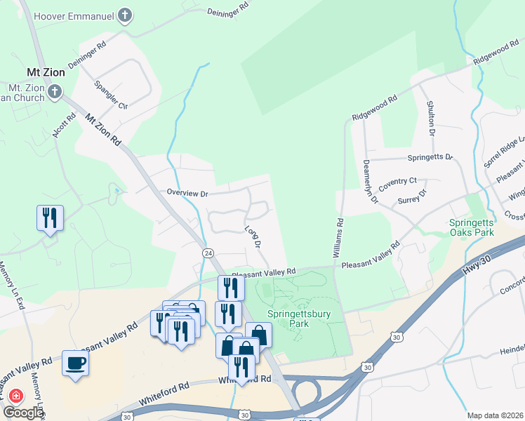 map of restaurants, bars, coffee shops, grocery stores, and more near 141 Carriage Hill Lane in York