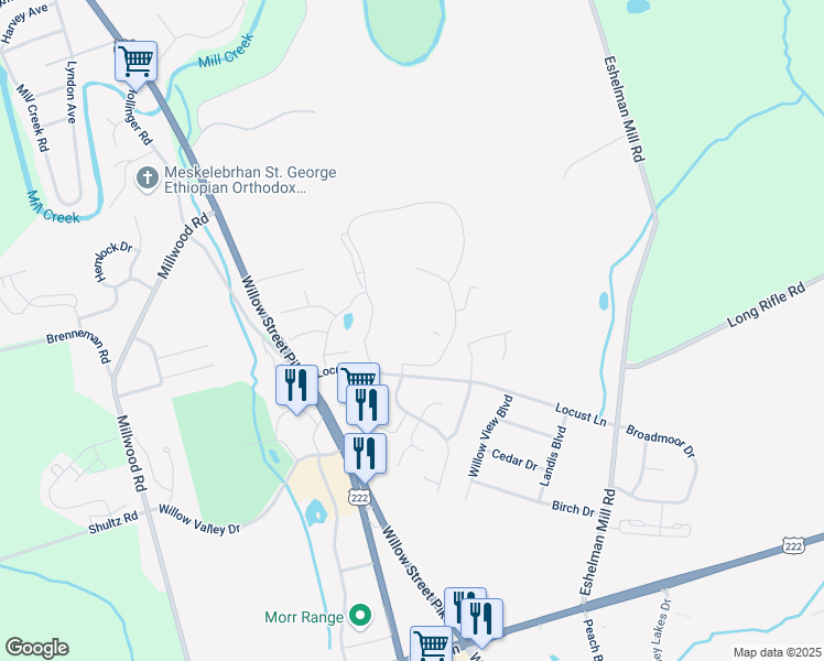 map of restaurants, bars, coffee shops, grocery stores, and more near 211 Willow Valley Square in Lancaster