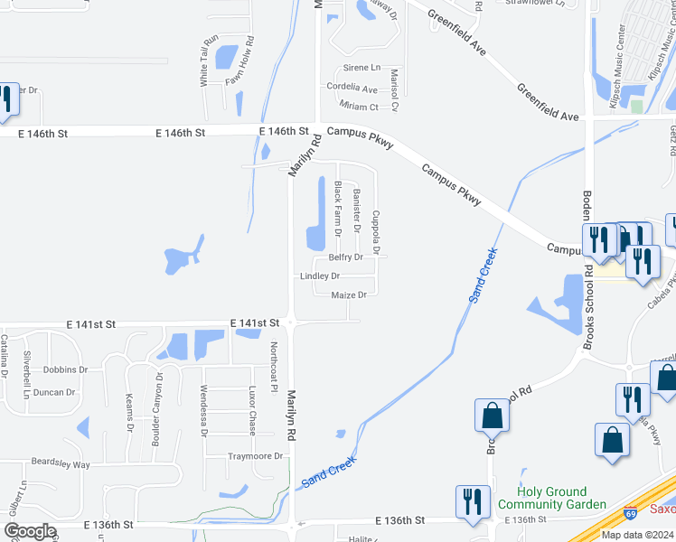 map of restaurants, bars, coffee shops, grocery stores, and more near 12168 Lindley Drive in Noblesville