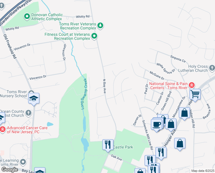 map of restaurants, bars, coffee shops, grocery stores, and more near 1597 North Bay Avenue in Toms River